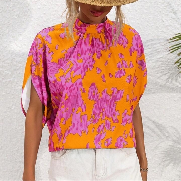 Womens' Stand Collar Tie-Dye Batwing Sleeve Shirt - Picture 5 of 5